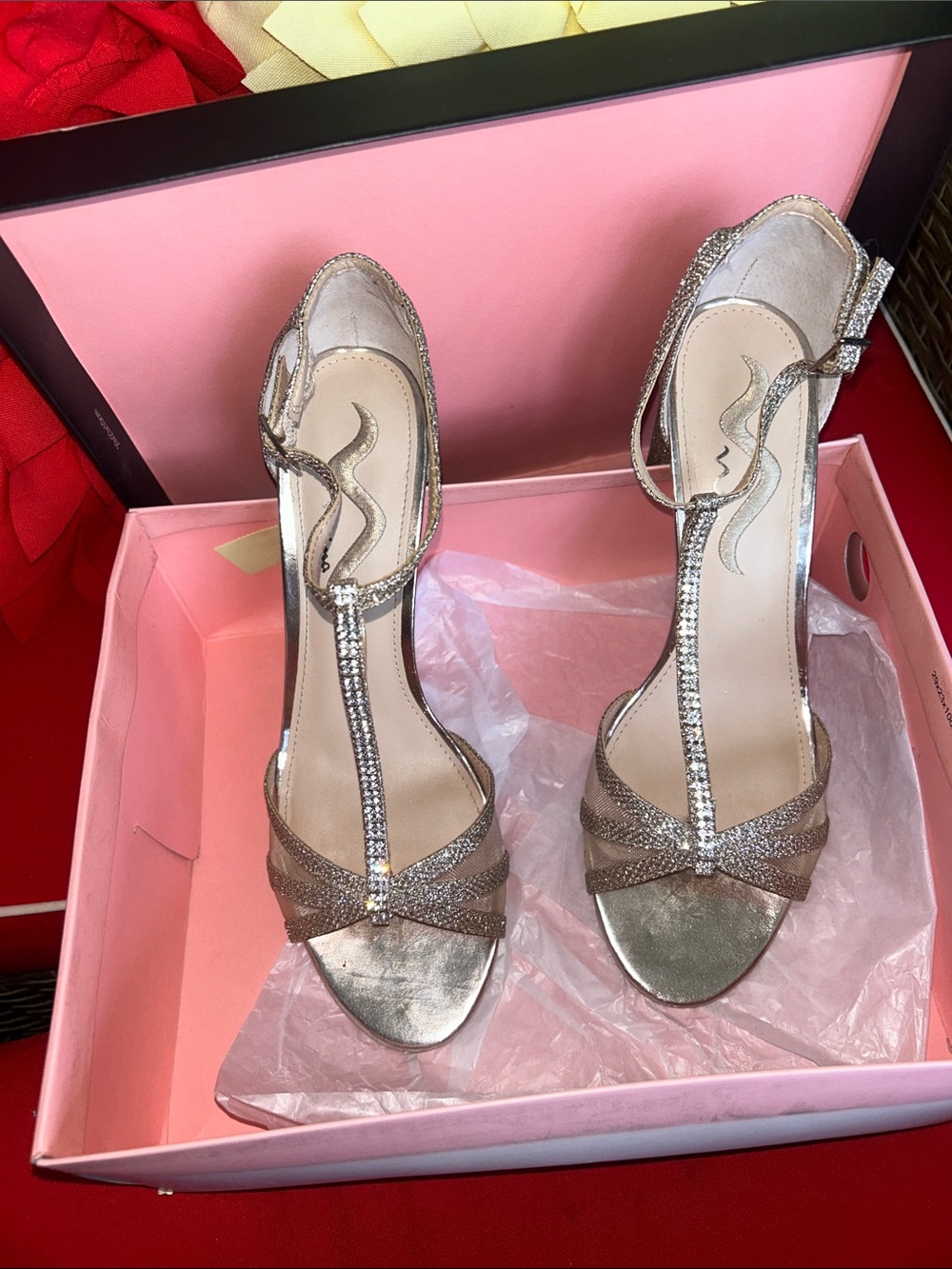 Nina Glitter T-Strap Evening Heels in Champagne Gold